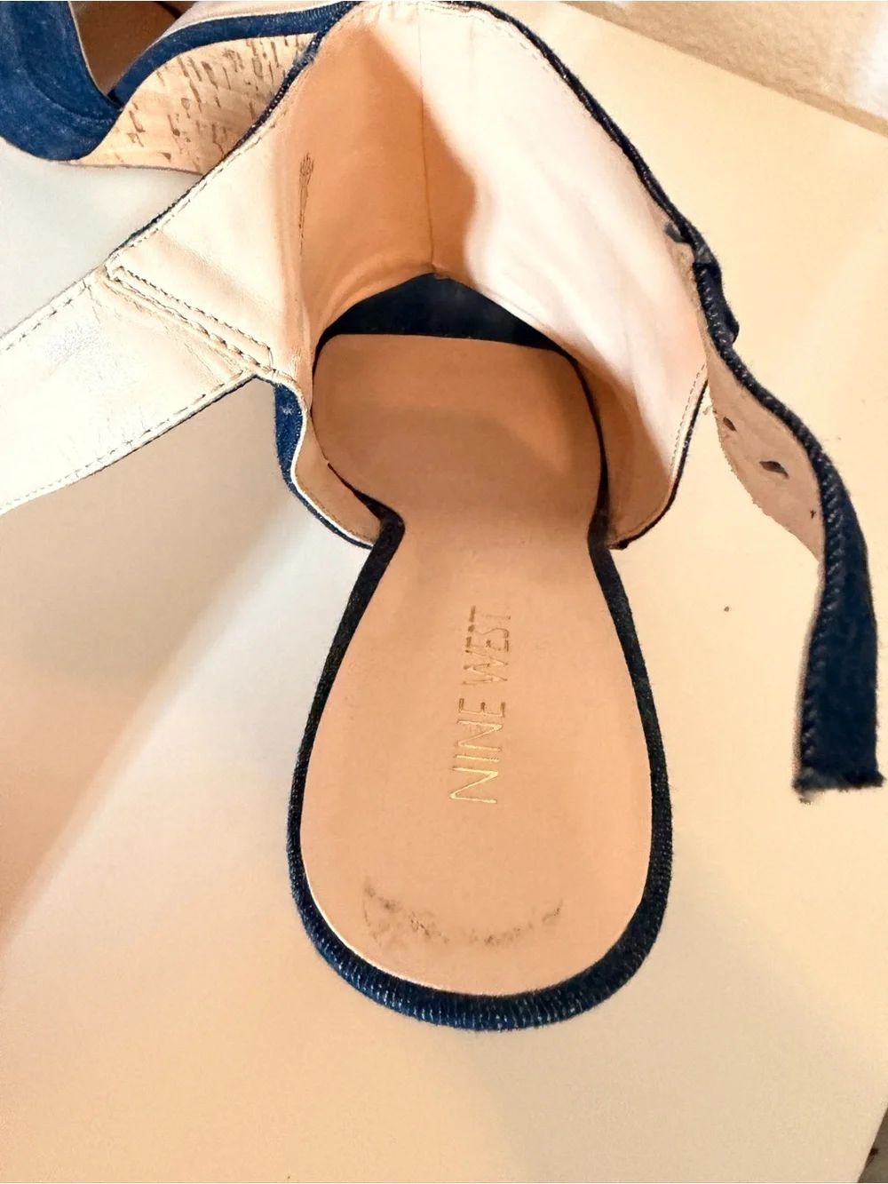 Nine West Denim Cork Wedge Peep-Toe Sandals - Dark Blue